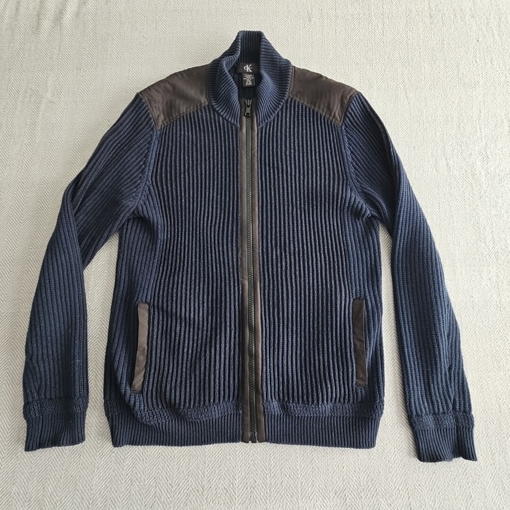 Calvin Klein Full Zip Cardigan Mens Medium Navy Blue EUC Ribbed Knit Patches